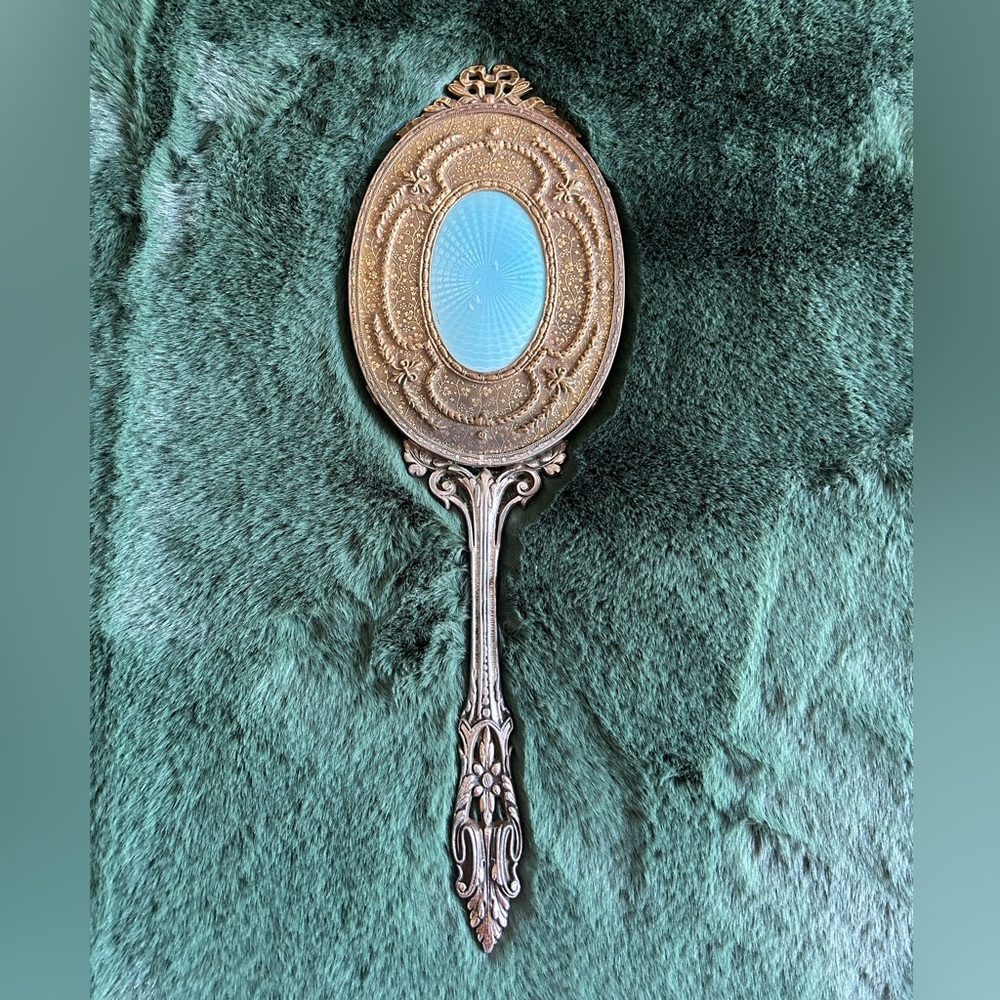 Vintage Handheld Mirror with Blue and Gold Design
